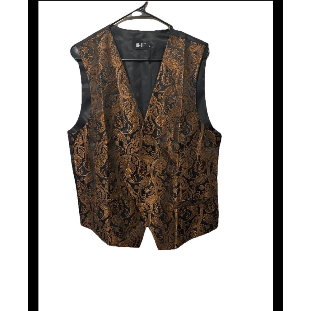 Hi-Tie Mens Paisley Waistcoat Vest Gold Black Jacquard Floral Suit Vest XL